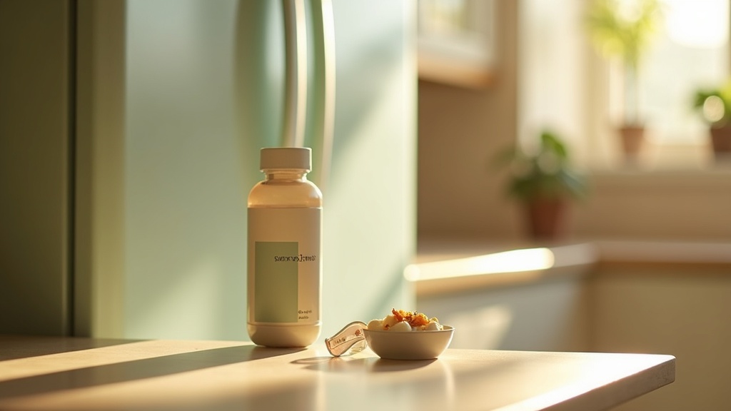 Lifestyle context still-life, eye-level on a sunlit kitchen counter: a probiotic