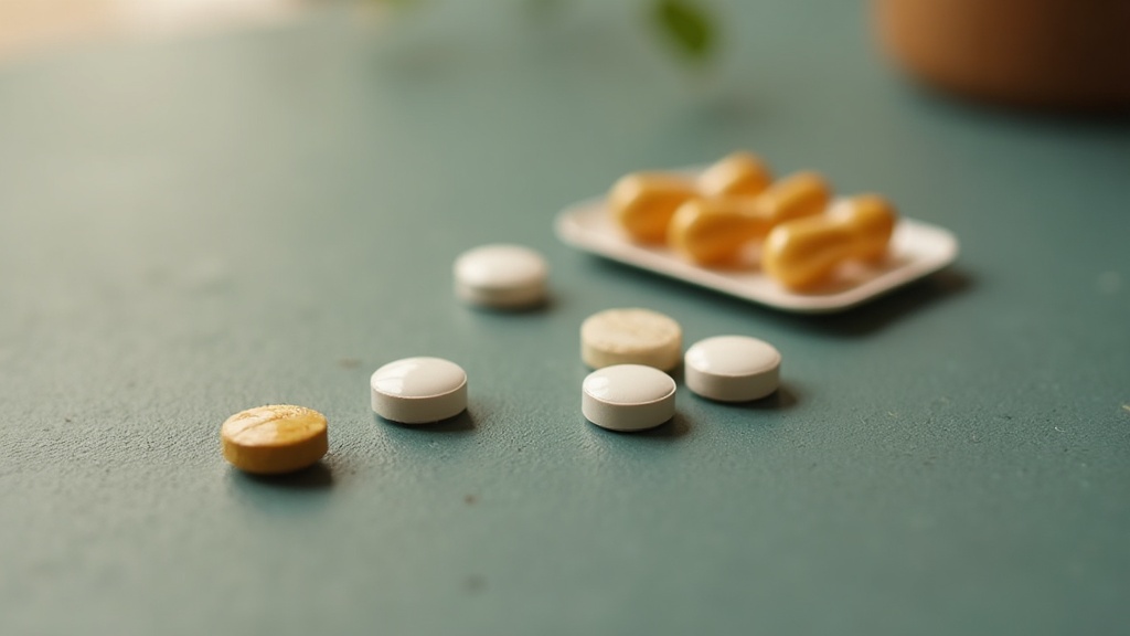 Close-up flat lay on slate background: a single 0.5 mg melatonin tablet, three m