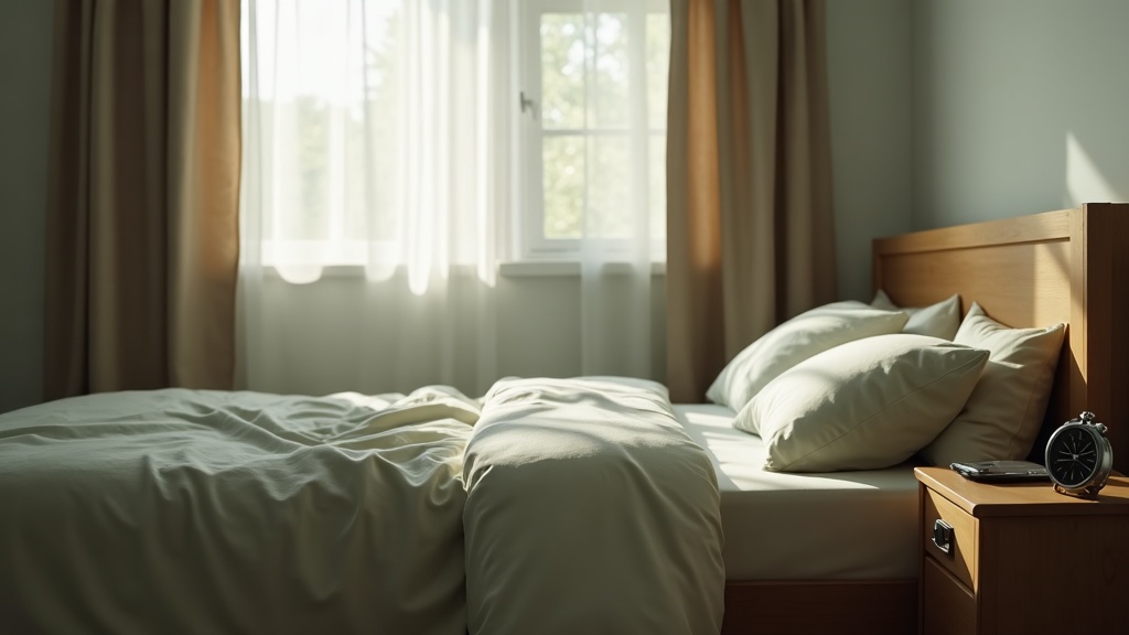 Empty bedroom in early morning blue-grey light: neatly made bed with linen sheet