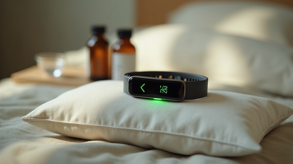 Close-up of a slim modern wrist-worn sleep tracker on a folded white linen pillo