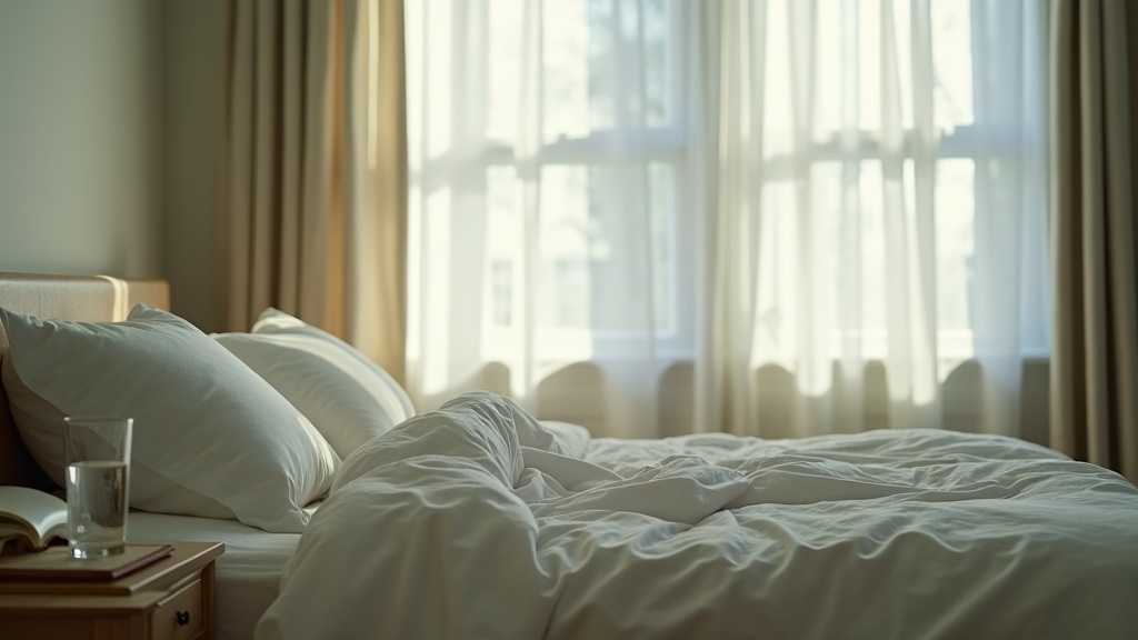 Quiet empty bedroom at very early morning, pale grey-blue light through a partia