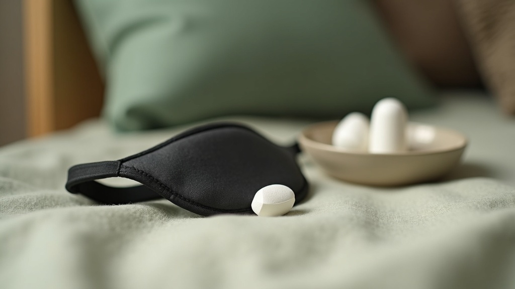 Close-up macro of a single small white melatonin tablet, a black contoured sleep