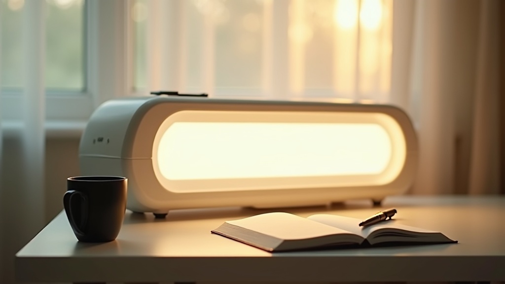 A 10,000-lux bright light therapy box switched on at sunrise on a small white de