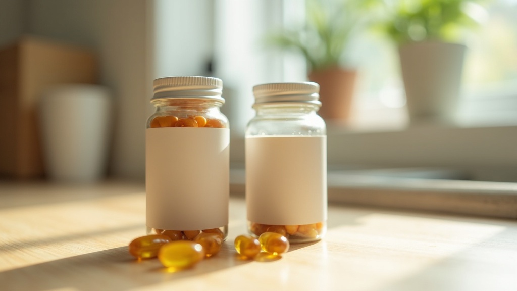 Daylight documentary still life of two supplement bottles side by side on a ligh