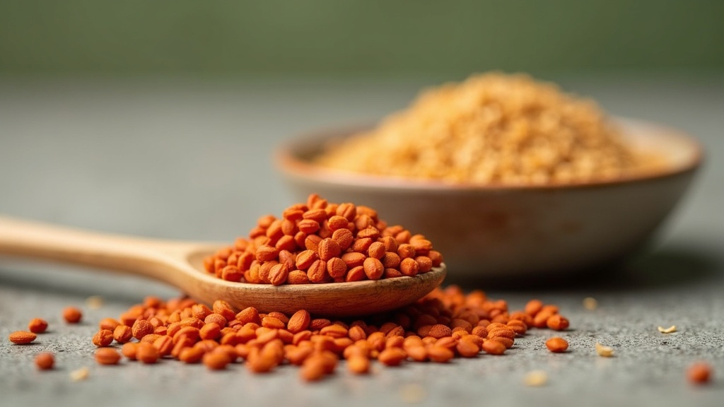 Close-up daylight photo of a spoonful of red-orange annatto seeds next to a smal