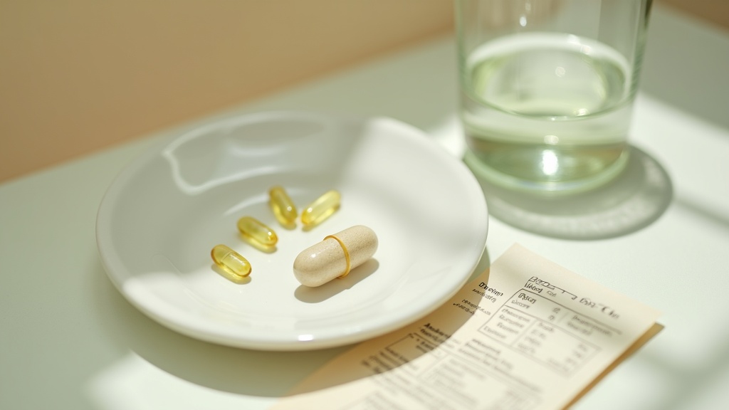 Daylight documentary photo of a single softgel capsule held in soft focus on a w