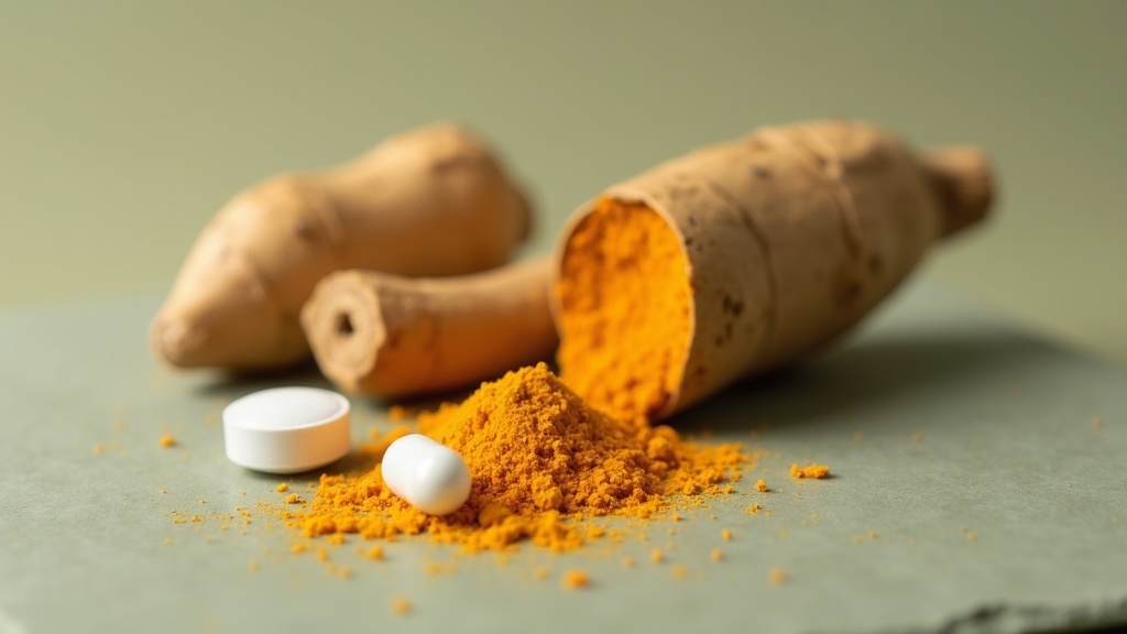 A close, realistic daylight still life of a turmeric softgel capsule split open 