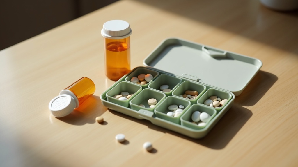 A documentary-style overhead shot of a weekly pill organizer with morning and ev