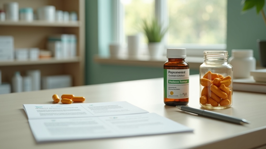 A realistic daylight photo of a pharmacy counter detail: a printed medication le