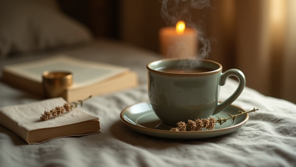 A quiet bedside table in low evening light: a plain stoneware mug of steaming he
