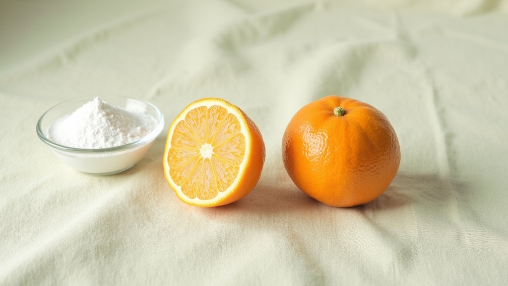 Editorial documentary still-life, top-down on a pale linen surface: a halved ora