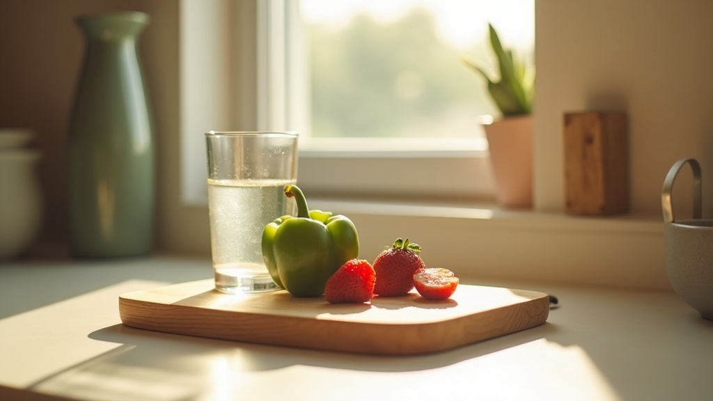 Lifestyle context still-life, eye-level on a sunlit kitchen counter: a glass of 