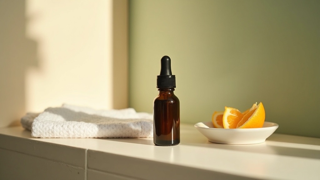 Lifestyle context still-life, eye-level on a sunlit bathroom shelf: a single dar