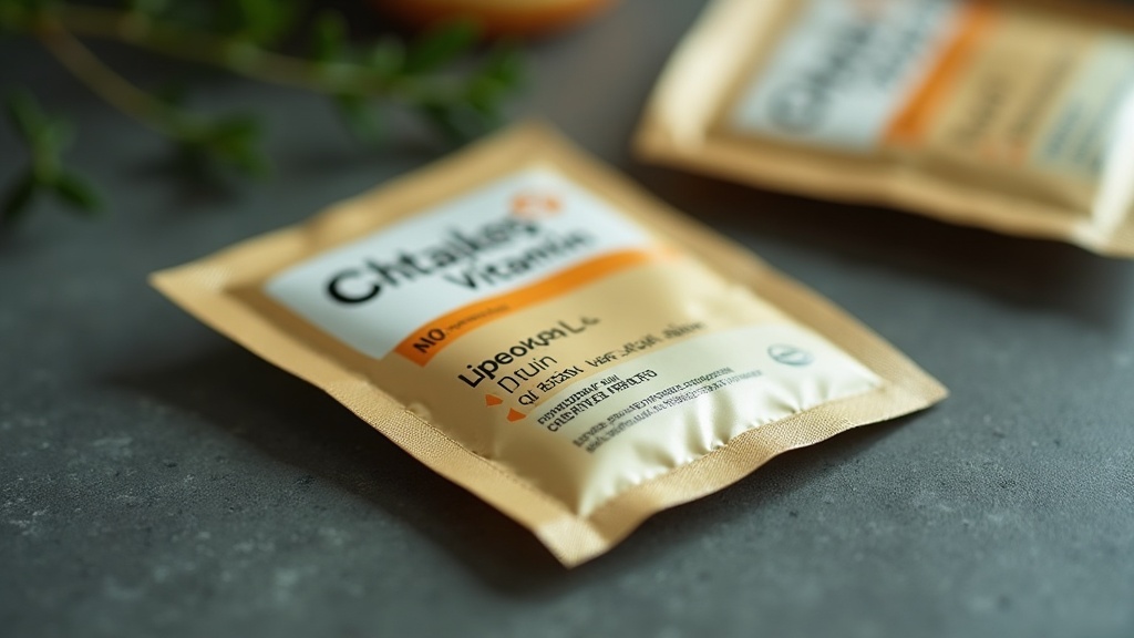 Tight macro close-up of a single liposomal vitamin C sachet label fragment in co
