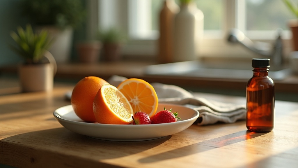 Lifestyle context still life on a worn oak kitchen counter in warm late-morning
