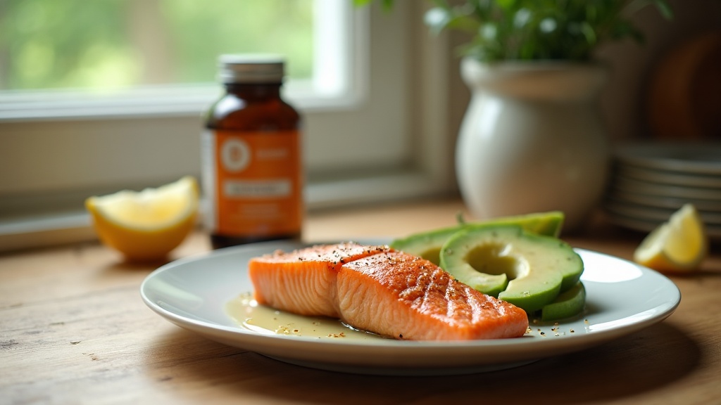 UV documentary realism: kitchen still life, a plate with a cooked salmon fillet