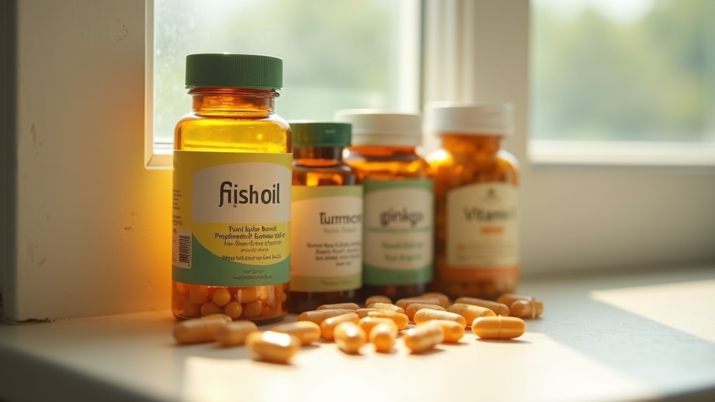 A close daylight photo of four supplement bottles lined up on a windowsill, labe