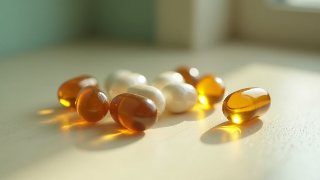 Close-up macro of small amber MK-7 softgels arranged next to a single combinatio