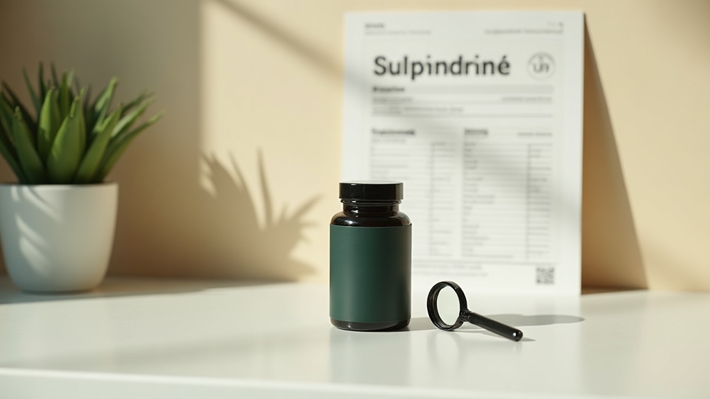 A clean documentary still life of a single dark supplement bottle on a white cou