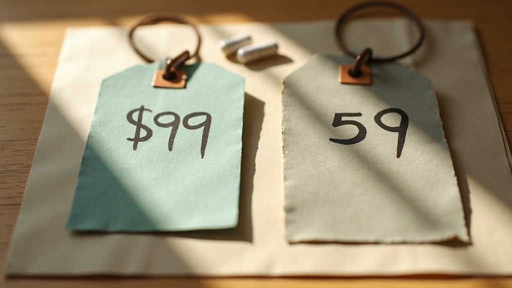 A daylight flat-lay on a wooden desk comparing two price tags side by side, one