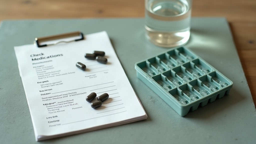 A top-down photo on a slate surface of a pill organizer beside a doctor's prescr