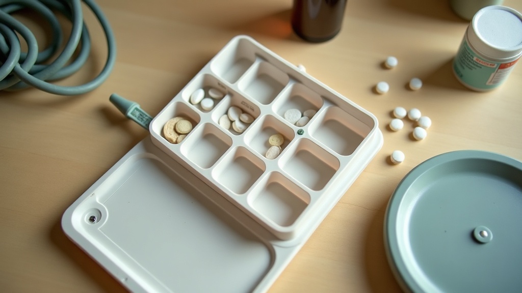 A daylight overhead photo of a kitchen table: an open weekly pill organizer with