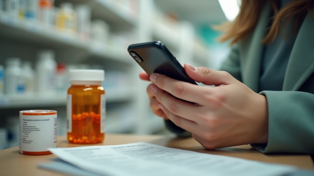 A documentary photo of a pharmacist's hands (no face) holding a smartphone showi