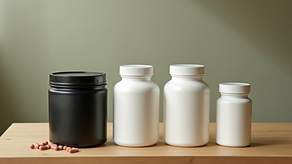 A documentary top-down photo on a wooden table of five supplement bottles lined 