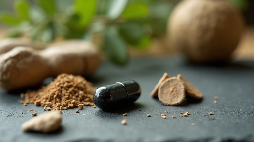 A close still life of a single dark capsule beside a small pile of dried Tongkat