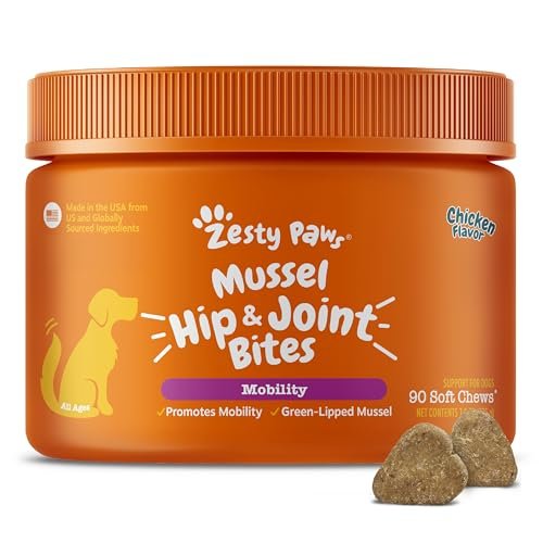 Zesty Paws Mussel Mobility Bites for Dogs - New Zealand Green Lipped Mussel with Natural Glucosamine & Chondroitin + Omega-3 Fatty Acids - Hip & Joint Support Supplement Soft Chews – 90 Count