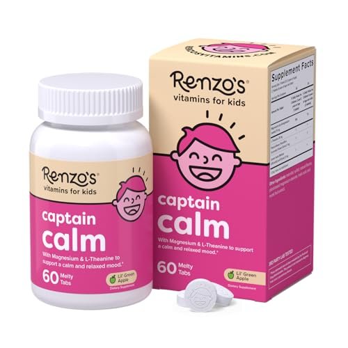 Renzo's Captain Calm Kids Magnesium Supplement with L-Theanine, Dissolvable Kids Vitamins for Relaxation and Mood Support, Sugar-Free Melty Tabs, Green Apple Flavor, 60-Count (1-2 Month Supply)