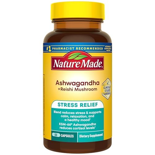 Nature Made Ashwagandha KSM 66 + Reishi Mushroom Capsules, Stress Relief Blend Ashwagandha and Mushroom Supplement, 60 Capsules, 30 Day Supply