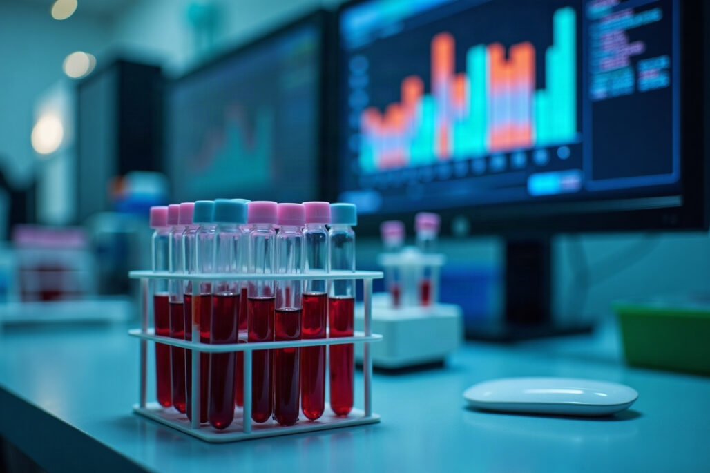 Laboratory bench with blood sample tubes and a data display