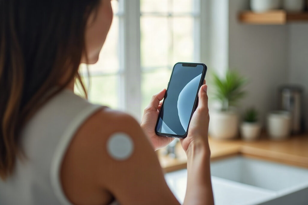 Woman checking a glucose app while wearing a biosensor on her arm