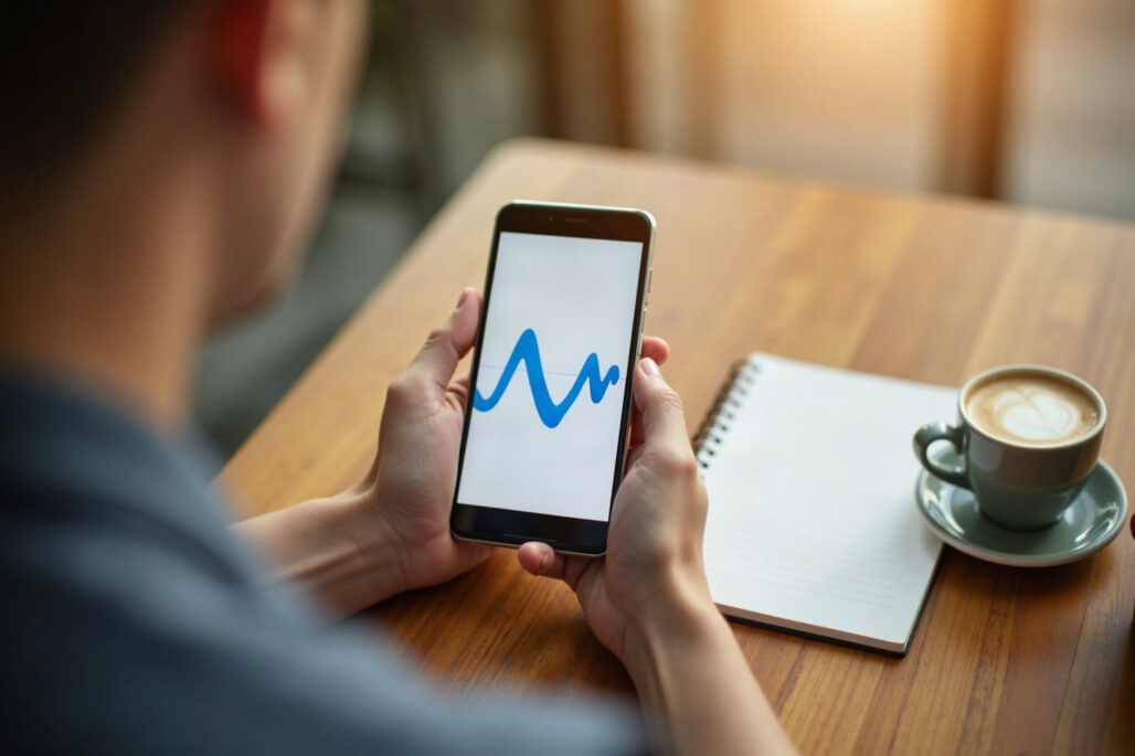 Hands holding a phone showing a glucose chart at a cafe table