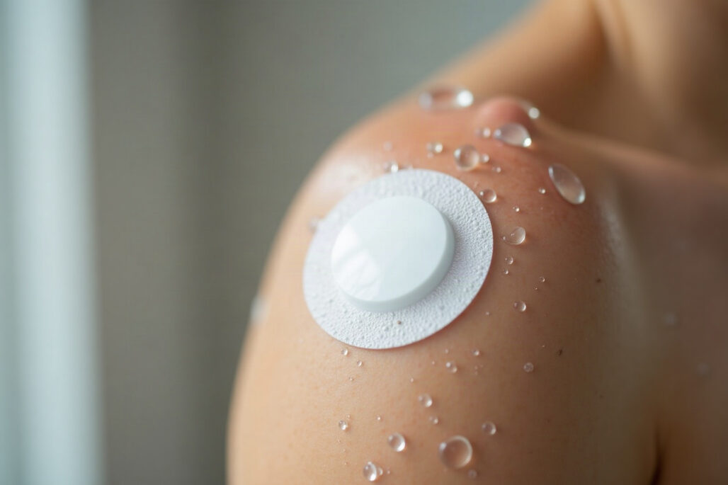 Water droplets on a glucose biosensor worn on the shoulder