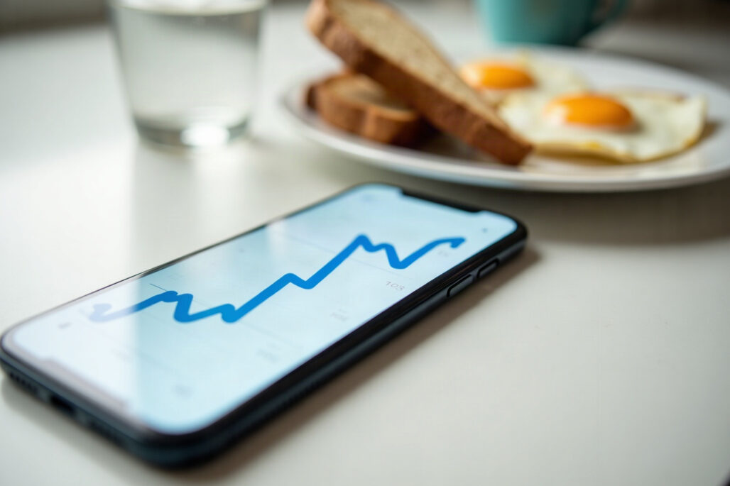 Smartphone showing a glucose curve next to a breakfast plate