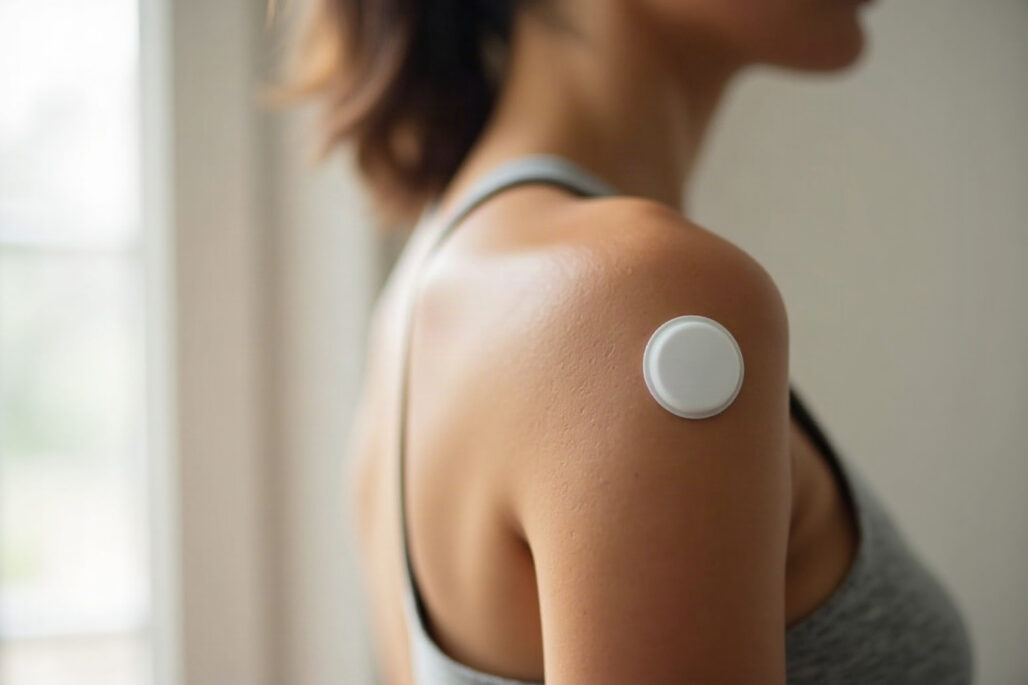Adult wearing a small round glucose biosensor on the upper arm