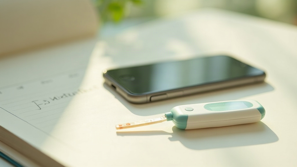 clinical still-life on a light background: a lancet finger-prick meter with a te