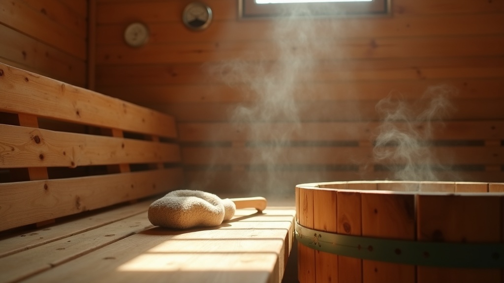 documentary still-life inside a traditional wooden sauna: cedar bench in warm li