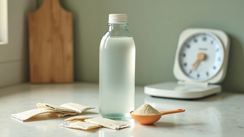 documentary still-life on a kitchen counter: a half-liter clear water bottle, a