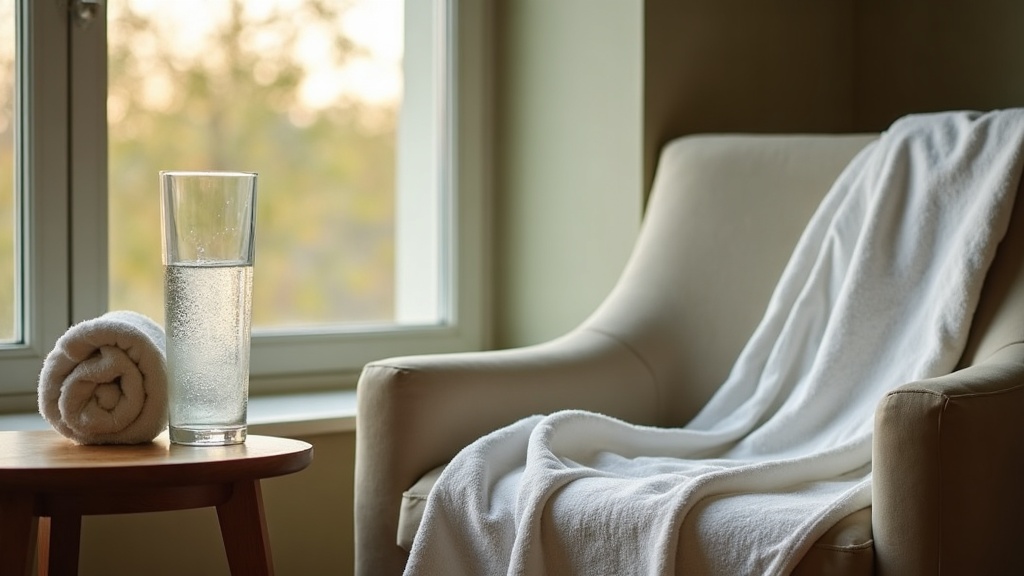 documentary still-life of a post-sauna wind-down at home: tall glass of water wi