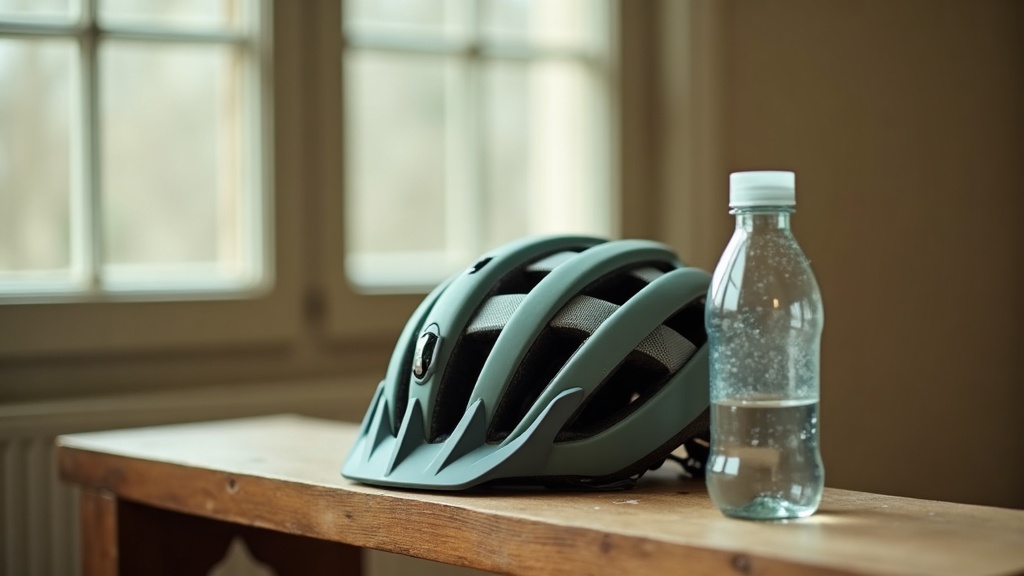 Documentary still-life of a road cycling helmet with faint white salt crust on t