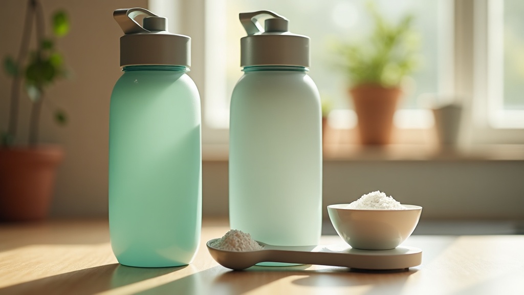 Documentary still-life of two cycling water bottles next to a small kitchen scal