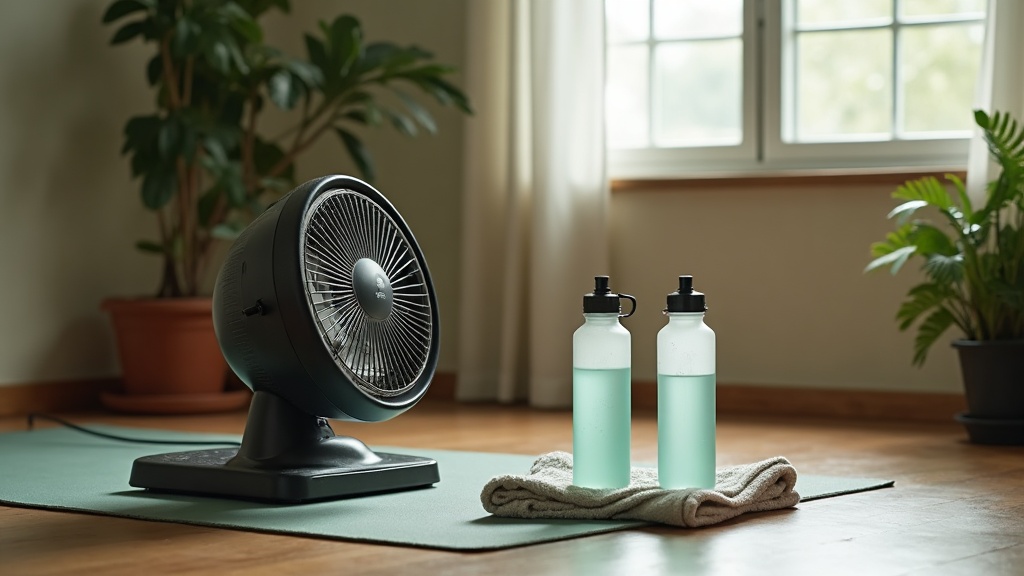 Documentary still-life of an indoor bike trainer setup with a box fan, a towel d