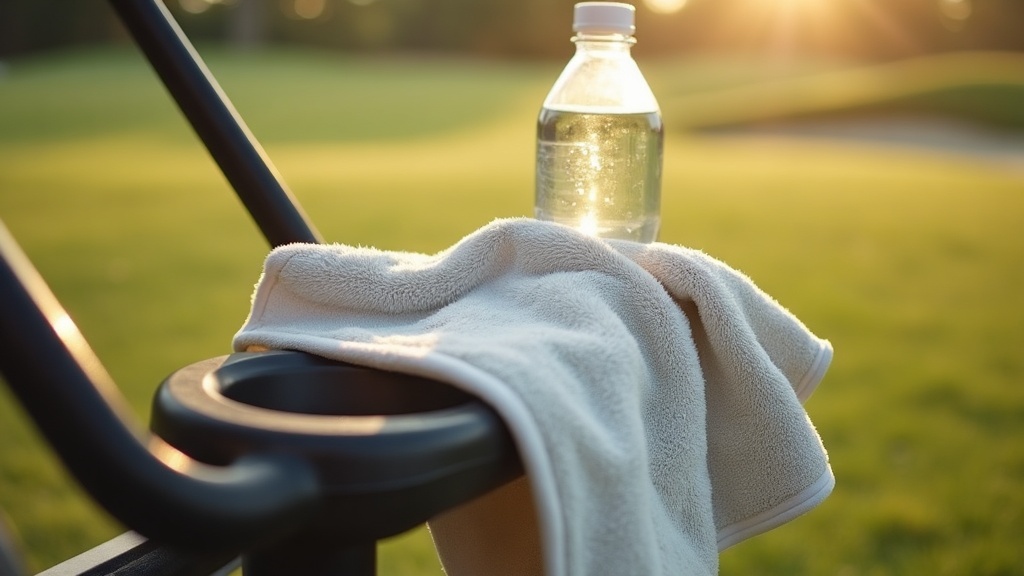 documentary still-life of a sweat-darkened white golf towel draped over a push c