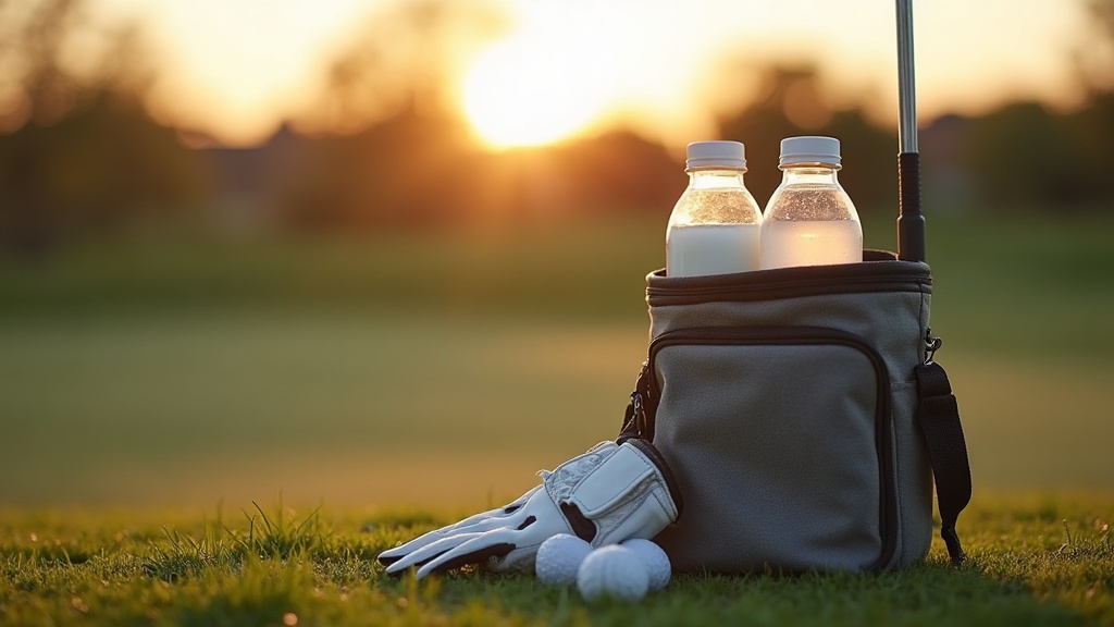 documentary still-life of an open golf bag pocket at sunrise holding two bottles