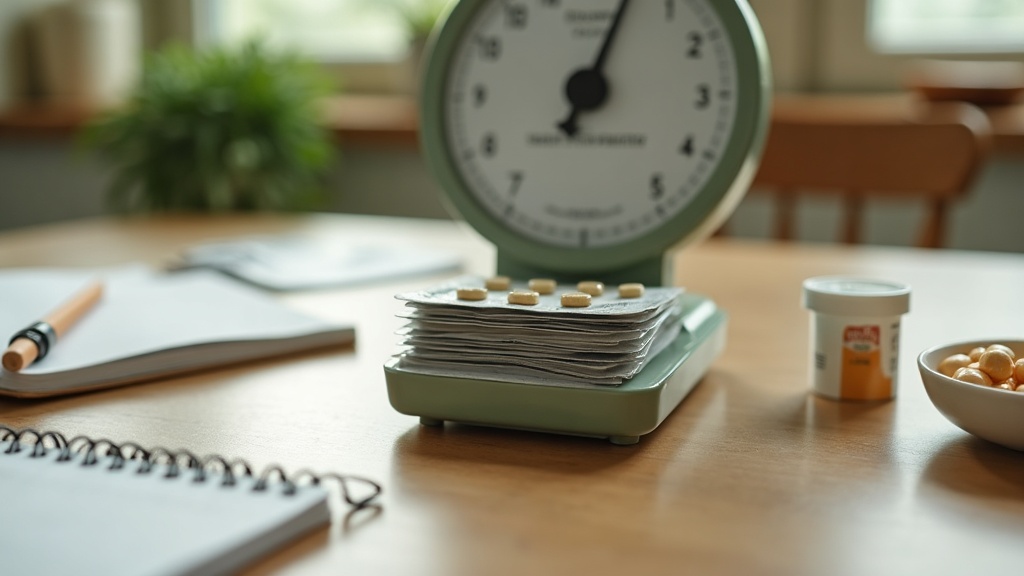 documentary still-life of a small kitchen scale on a wooden table weighing a pil