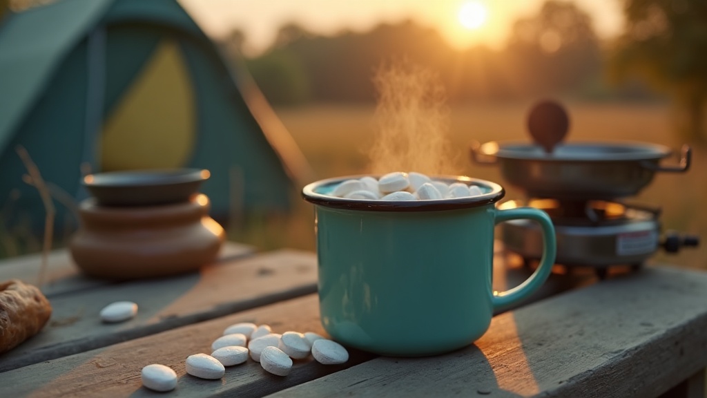 documentary still-life of a tablet fizzing in an enamel camp mug at dusk, camp s
