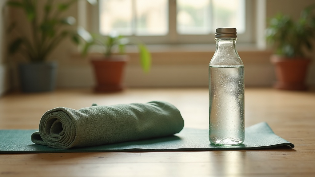 documentary still-life of a sweat-soaked yoga towel draped over a mat next to a 